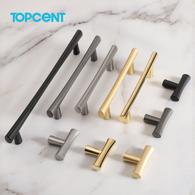 TOPCENT Luxury Black Gold Knurled Kitchen Door Pull Satin Brass T Bar Cabinet Handle