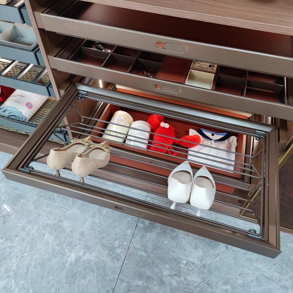 TOPCENT New Arrival Two-way soft closing adjustable Moka shoe holder storage organizer pull out sliding metal shoe rack