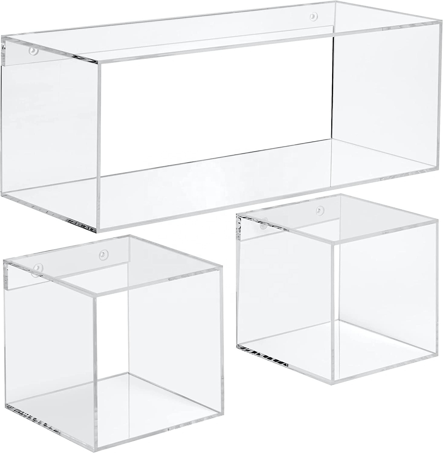 Set of 3 Customized Crystal Clear Acrylic Cube Storage Organizer Shelves Floating Shelves Wall Mounted