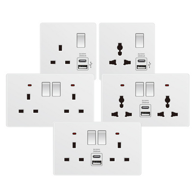 Custom Home Ultrathin Push Button Wall Mount Light Switch 3 Pin Double Universal 13A UK Electrical Outlet Socket With USB Ports