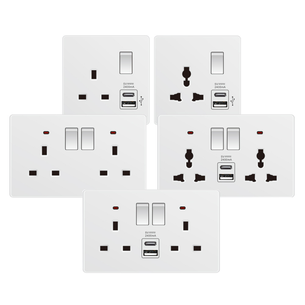 Foshan Supplier 250V 13A 3 Gang Universal Light Switch Hotel Double UK Standard Electrical Push Button Wall Switch Outlet Socket