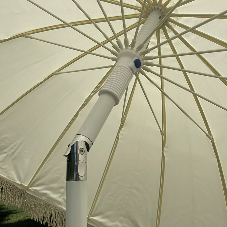 wholesale Umbrella Supplier Bohemia design Big wooden pole custom print Sun Garden macrame Beach umbrella with tassels