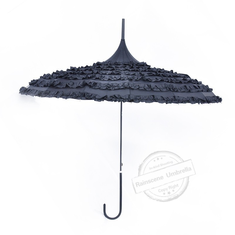 Pongee Fabric Hook Handle Staight Antique Parasol Lace Umbrella