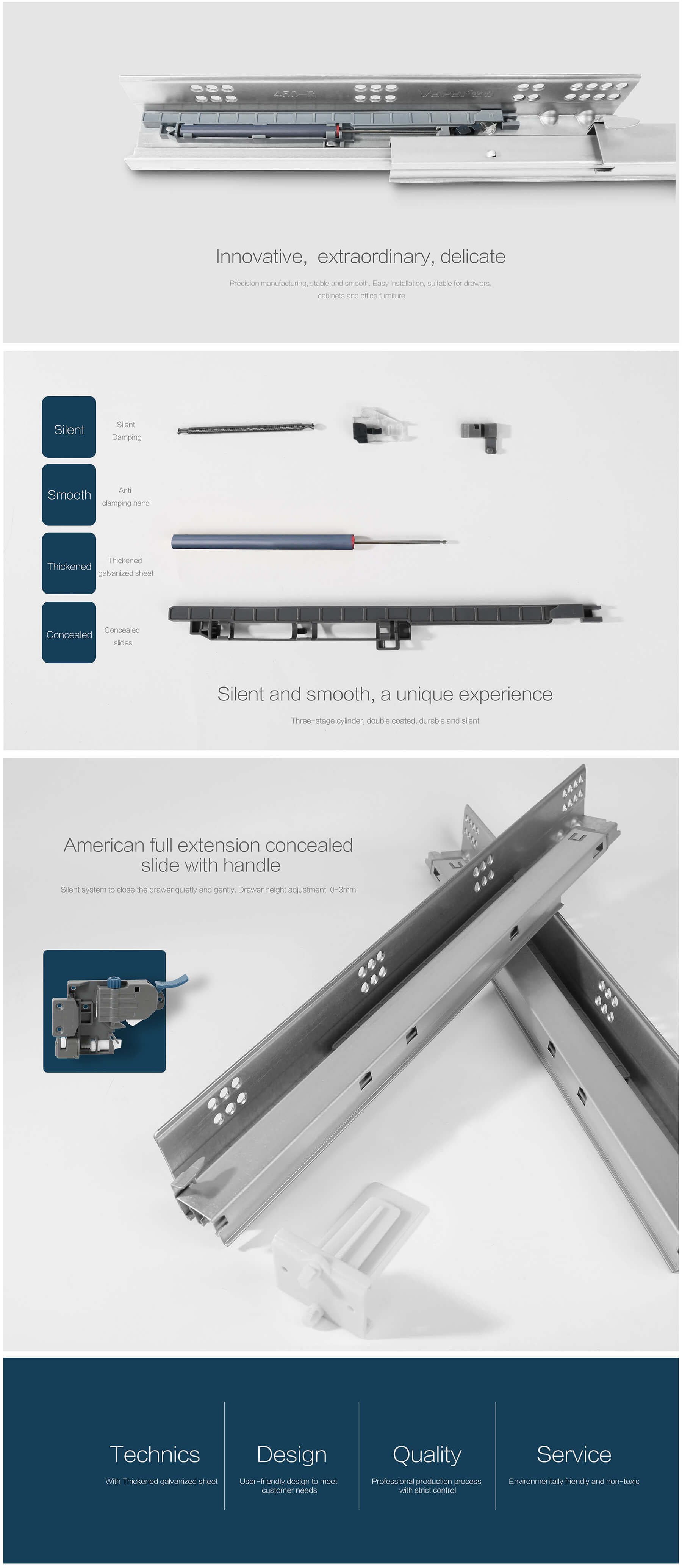 Foshan Factory Single Extension 2-fold Soft Closing Undermount Slide / Concealed Slide with Handle