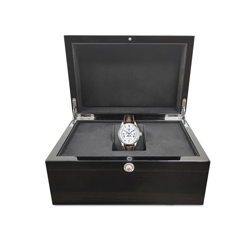 Personalized Luxury Wood Gift Watch Organizer Black Champagne PU Gloss Wooden Watch Box With Velvet Liner