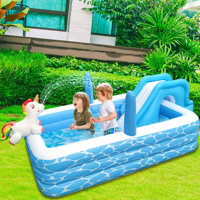 Inflatable Swimming Play Float  Pool  Outdoor Kids Water Toys Pools With Volleyball Net Water Slide Unicorn