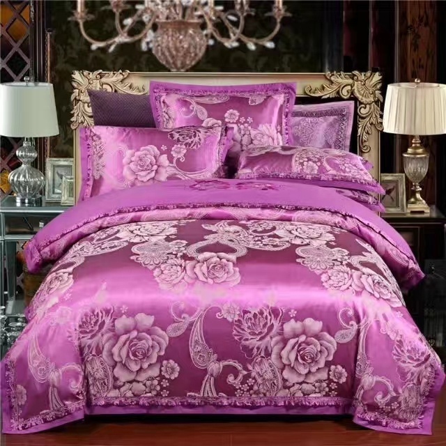 Purple  Cotton Comfortable Brocade Satin Jacquard Embroidered Comforter Bed Cover Bed Sheet 4pcs Bedding Set