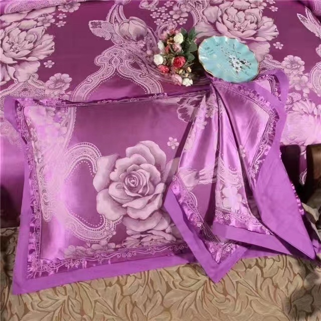 Purple  Cotton Comfortable Brocade Satin Jacquard Embroidered Comforter Bed Cover Bed Sheet 4pcs Bedding Set