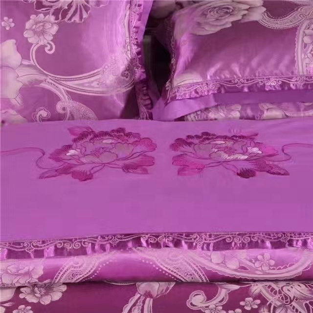 Purple  Cotton Comfortable Brocade Satin Jacquard Embroidered Comforter Bed Cover Bed Sheet 4pcs Bedding Set