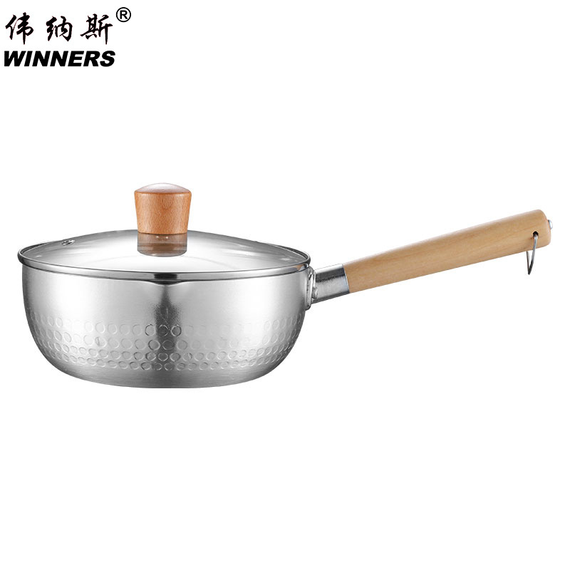 Japanese Style Saucepan Hammer Snow Pan Stock Pots With Wooden Handle Stainless Steel Sauce Pot Milk Pan With Glass Lid