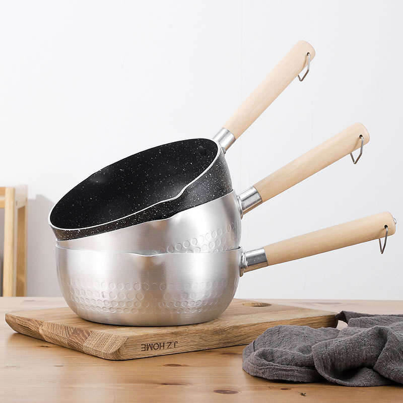 Japanese Style Saucepan Hammer Snow Pan Stock Pots With Wooden Handle Stainless Steel Sauce Pot Milk Pan With Glass Lid