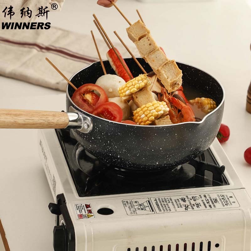 Wholesales Japanese Style Double Bottom Snow Pan Aluminum Non-stick Miletechs Saucepan Pan With Wooden Handle Cookware Supplier