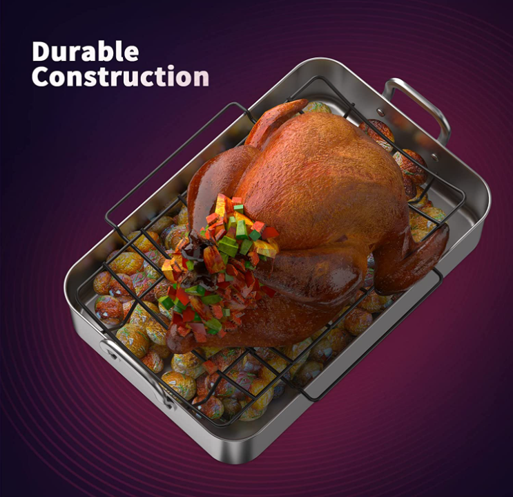 Roasting Pan with Nonstick Rack  17 x 13 Inch Stainless Steel Rectangular Turkey Roasting Pan with U-Shaped Rack