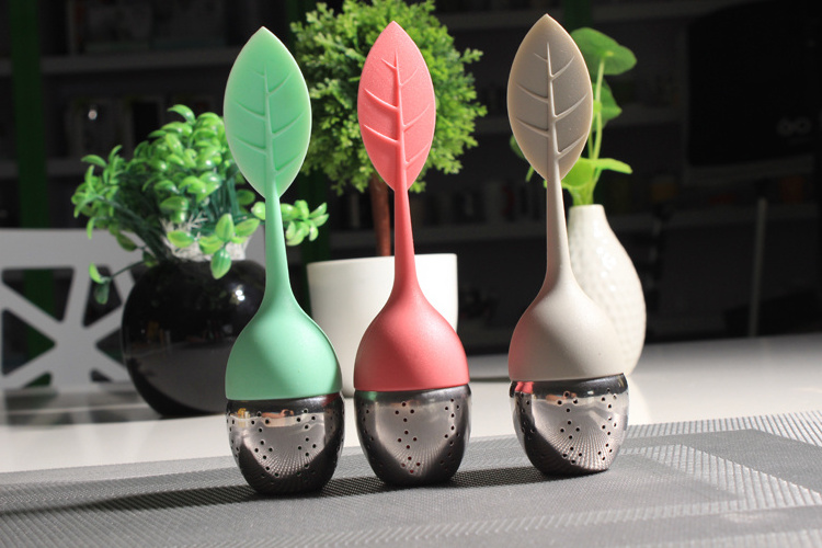 Silicone Loose Tea Infuser Long Leaf Shape Handle 304 Stainless Steel Strainers Reusable Ball Steeper Set Silicon Mat Herbal Tea