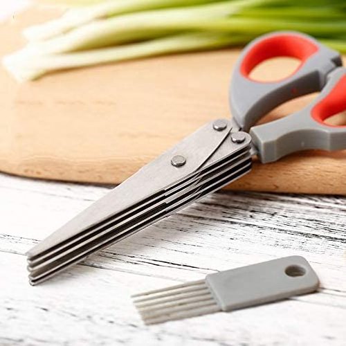 Herb Scissors Set with 5 Multi Stainless Steel Blades Safe Cover and Cleaning Comb Multipurpose Kitchen Chopping Shear Mincer