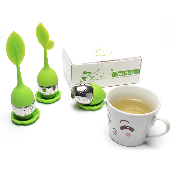 Silicone Loose Tea Infuser Long Leaf Shape Handle 304 Stainless Steel Strainers Reusable Ball Steeper Set Silicon Mat Herbal Tea