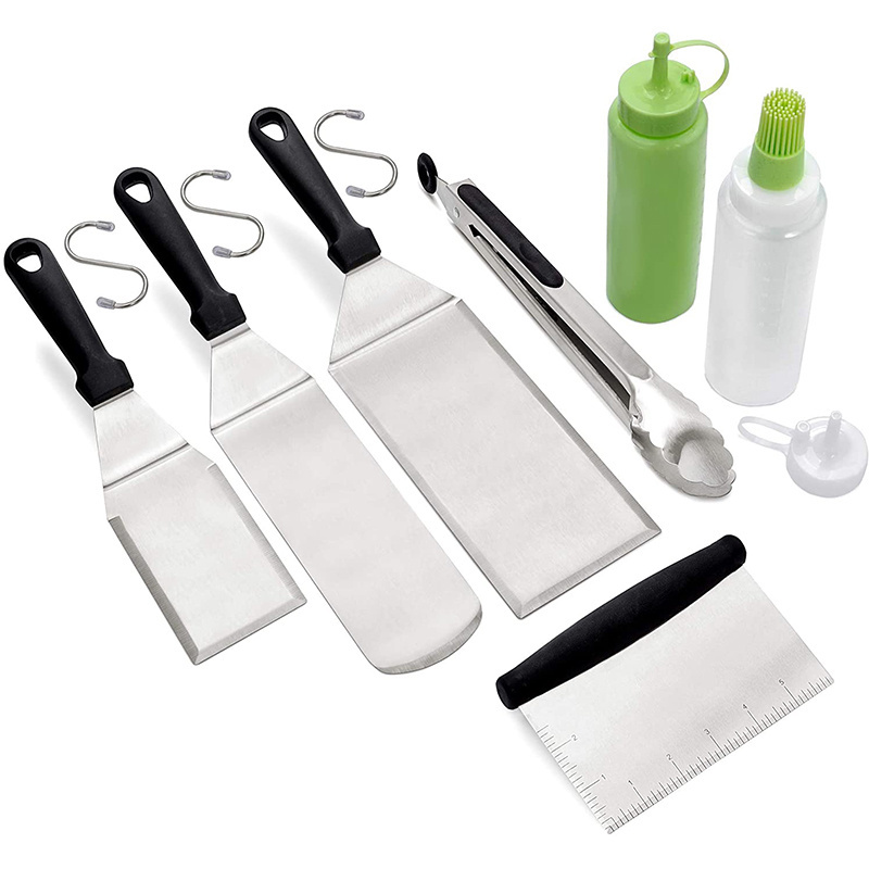 Griddle Accessories Kit Metal Utensil Great for BBQ Grill Tongs Flat Spatula Pancake Flipper Hamburger Turner Squeeze Bottle Set