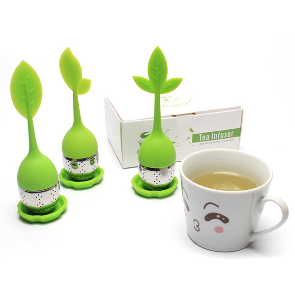 Silicone Loose Tea Infuser Long Leaf Shape Handle 304 Stainless Steel Strainers Reusable Ball Steeper Set Silicon Mat Herbal Tea