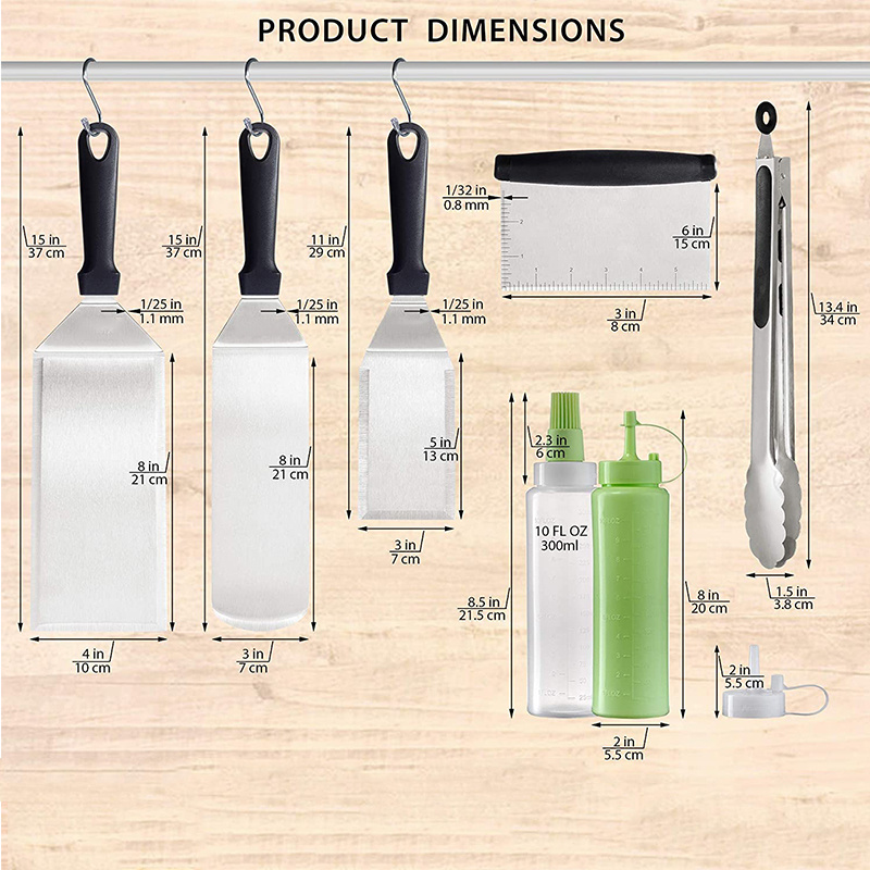 Griddle Accessories Kit Metal Utensil Great for BBQ Grill Tongs Flat Spatula Pancake Flipper Hamburger Turner Squeeze Bottle Set