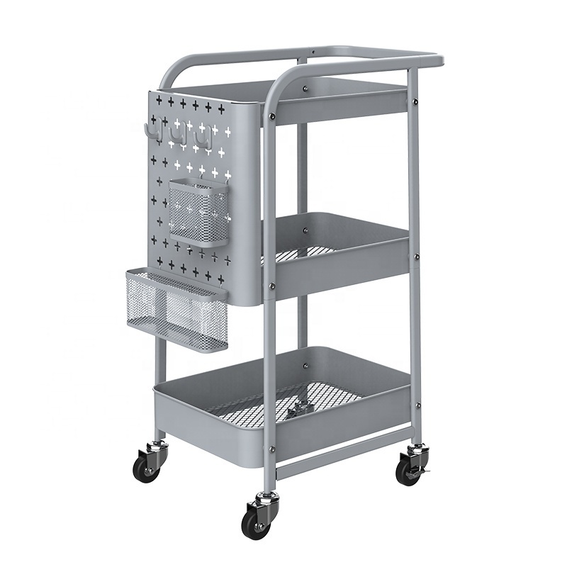 DIY Pegboard 3 Tier Trolley Storage Cart Metal Utility Trolley Storage Shelves Rolling Cart with Handle & Hooks Extra Baskets