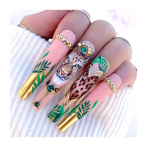 Extra Long Length Coffin Paint Tiger Draw Grass On Nails Tips Handmade Metal Necklace Look like Very Personal Press On Nails Set