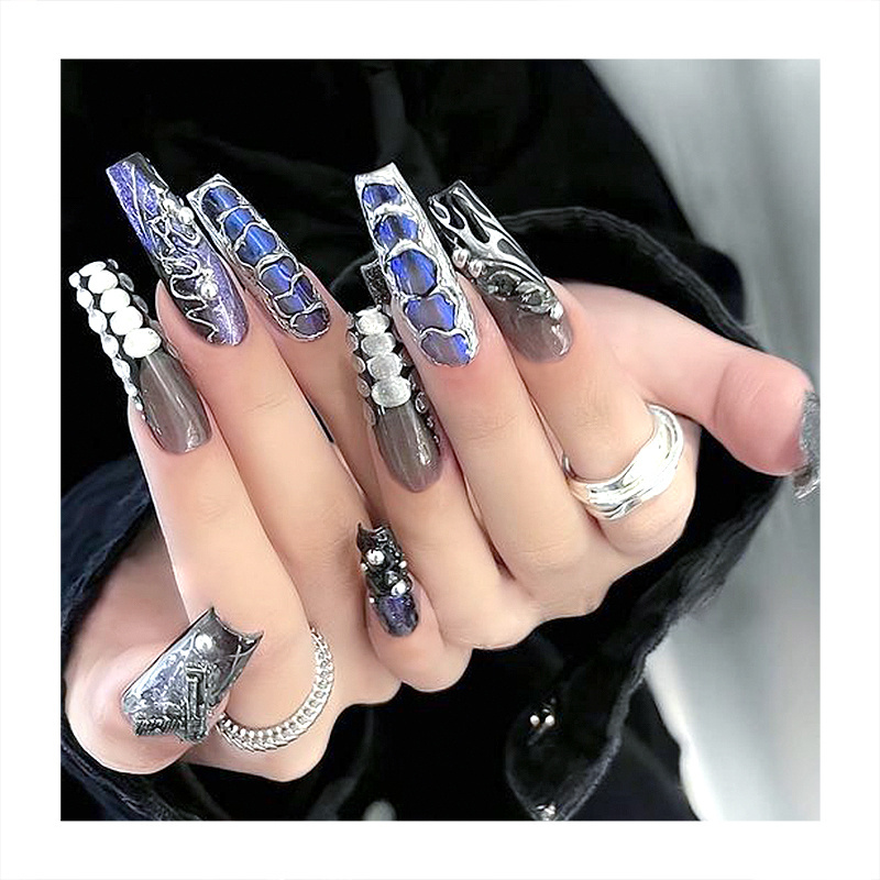 Personal Extra Long Coffin Nails Faux Clear Light Grey Tips Paint Snakes Skin Halloween Style Supplies Custom Press On Nails