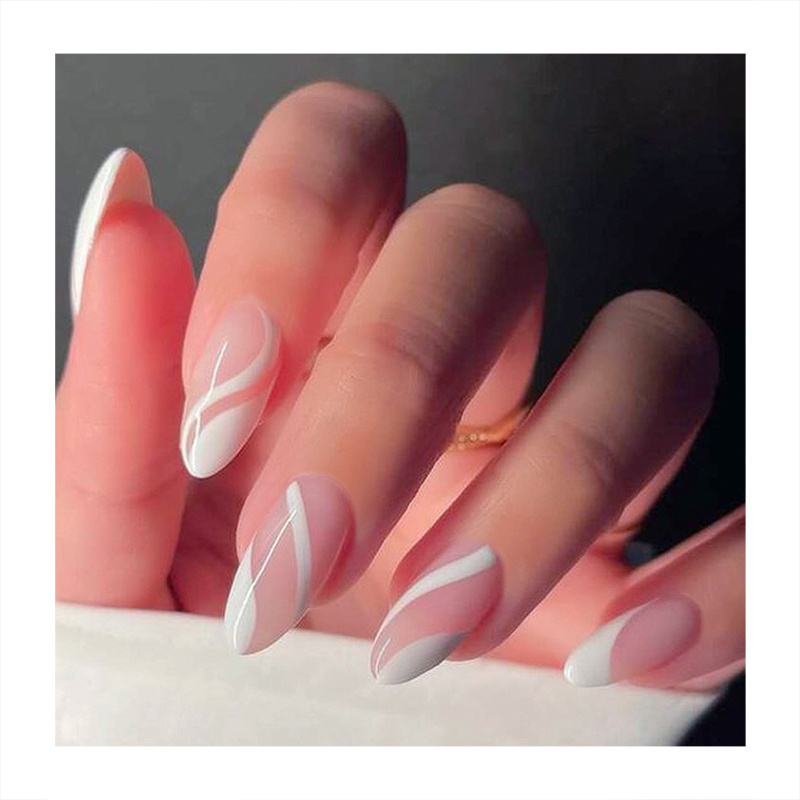 Top Ranking Long Almond False Nails Nude Glue Tips White Light Pink Chocolate Stripes Fingernails Custom Vendors Press On Nails