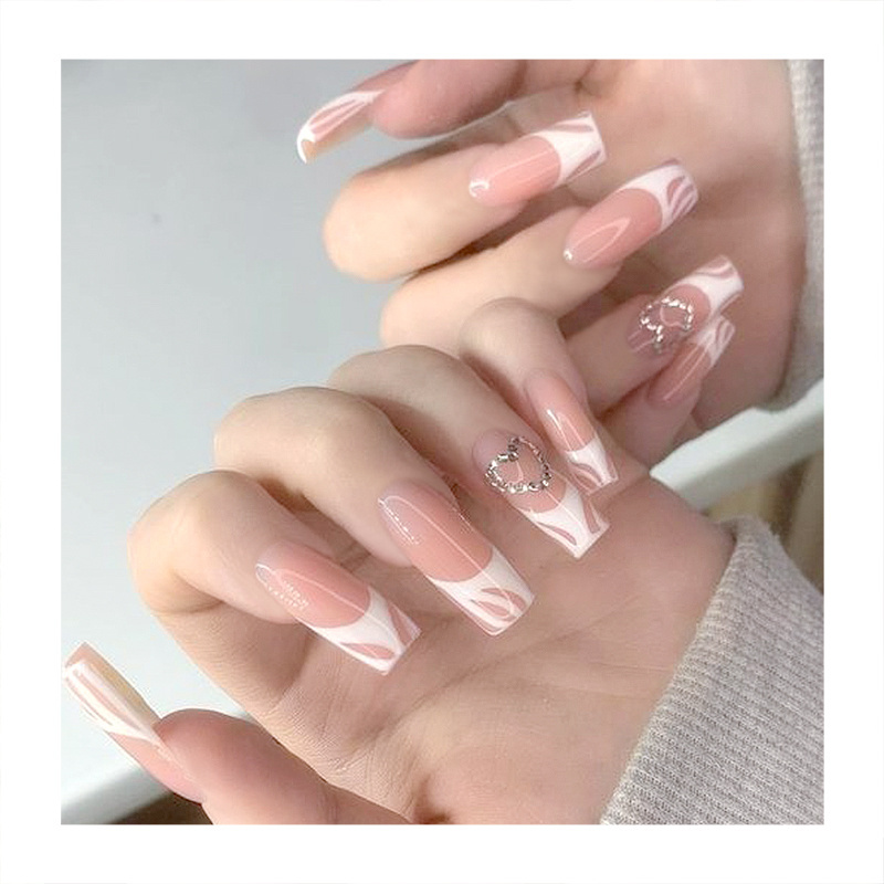 Top Selling Long Square Fingernails Nude Nail Tips Mirror Surface Top Paint White Handmade Jewel Love Fake Nails Press On Nails