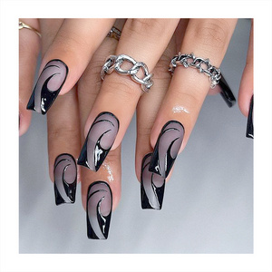 Luxury Long Coffin Fake Nails Light Grey Nails Tips Paint Dark Black Pattern stick on finger Full Cover Custom Press On Nails