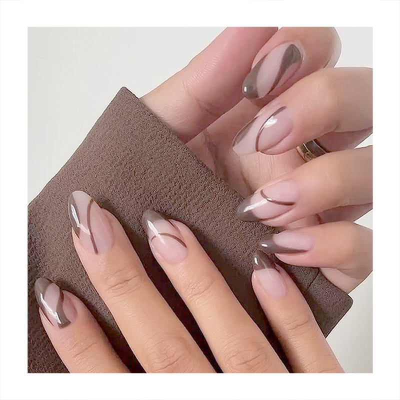 Top Ranking Long Almond False Nails Nude Glue Tips White Light Pink Chocolate Stripes Fingernails Custom Vendors Press On Nails