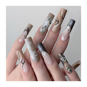 New Arrival Press On Long Square Nails Light Grey Color Nail Tips Draw White Line Handmade Jewel Fingernails Art Fake Nails