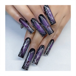 Hot Selling Long Square Fake Nails Gradient Dark Purple Nail Tips Fingernails Draw Art Spider Web Custom Oem Press On Nails