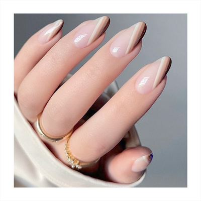 Top Ranking Long Almond False Nails Nude Glue Tips White Light Pink Chocolate Stripes Fingernails Custom Vendors Press On Nails