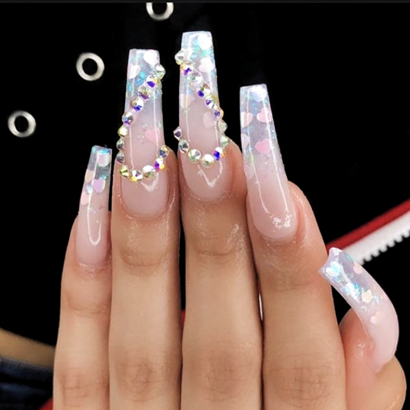 Long lasting love heart style rhinestone fake nails transparent pink coffin false nails kiss all in one artificial remover nails