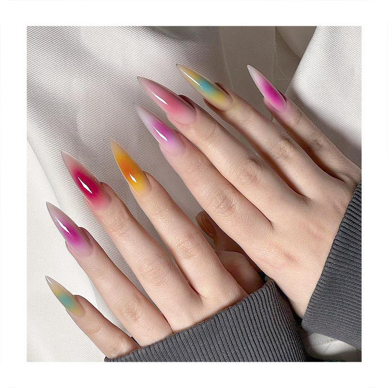 Fashion Stiletto Long Almond False Nails Colorful Nail Tips Rainbow Gradient Color Wholesale Glue Acrylic Press On Nails