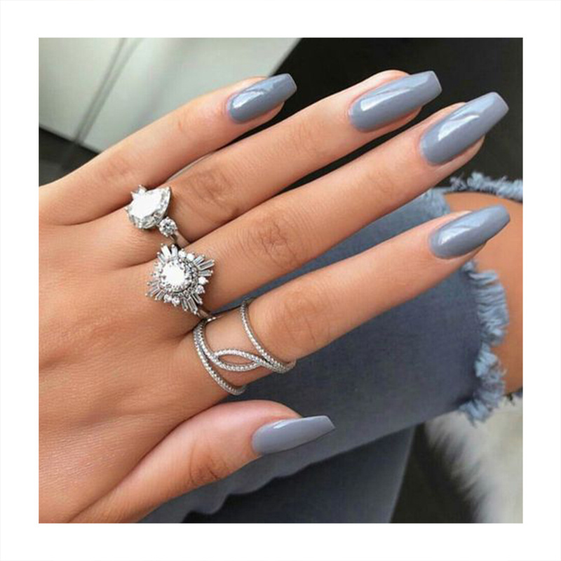 New Arrival Long Length Coffin Full Over Fake Nails Simple Light Grey Mirror Surface Press On Nails Handmade False Nails