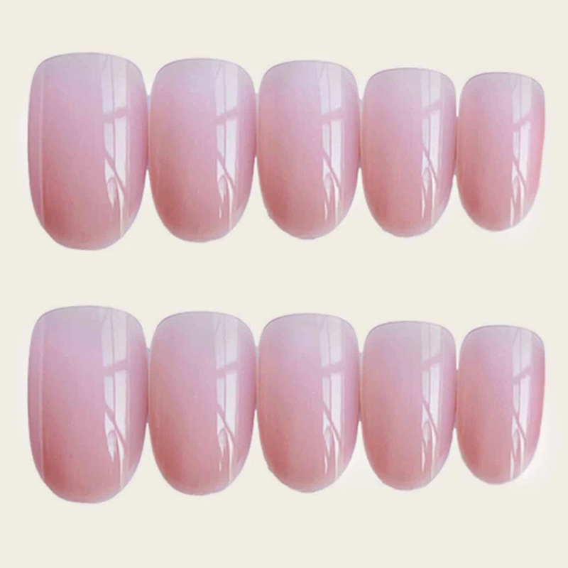 Reusable 24 pcs full sizes short oval shape pink false nails with glue clear kiss impress press on nails art tips