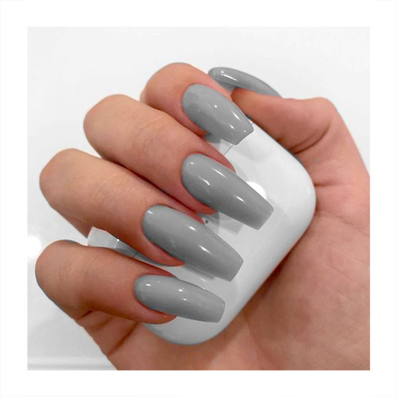 New Arrival Long Length Coffin Full Over Fake Nails Simple Light Grey Mirror Surface Press On Nails Handmade False Nails