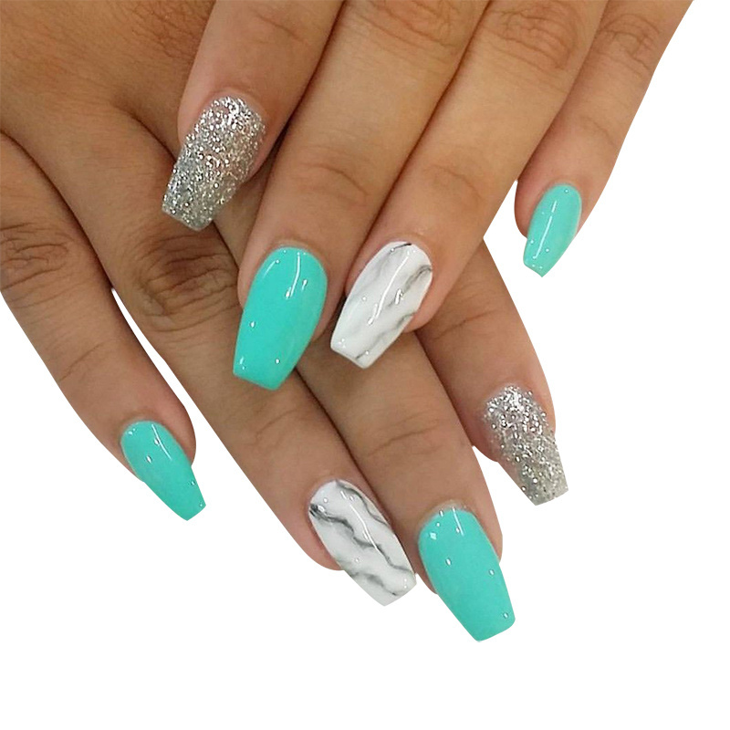 High Quality Gradient Green Fake Nails With Glue Free False Nails Sample Medium Coffin Reusable Artificial Nails press on