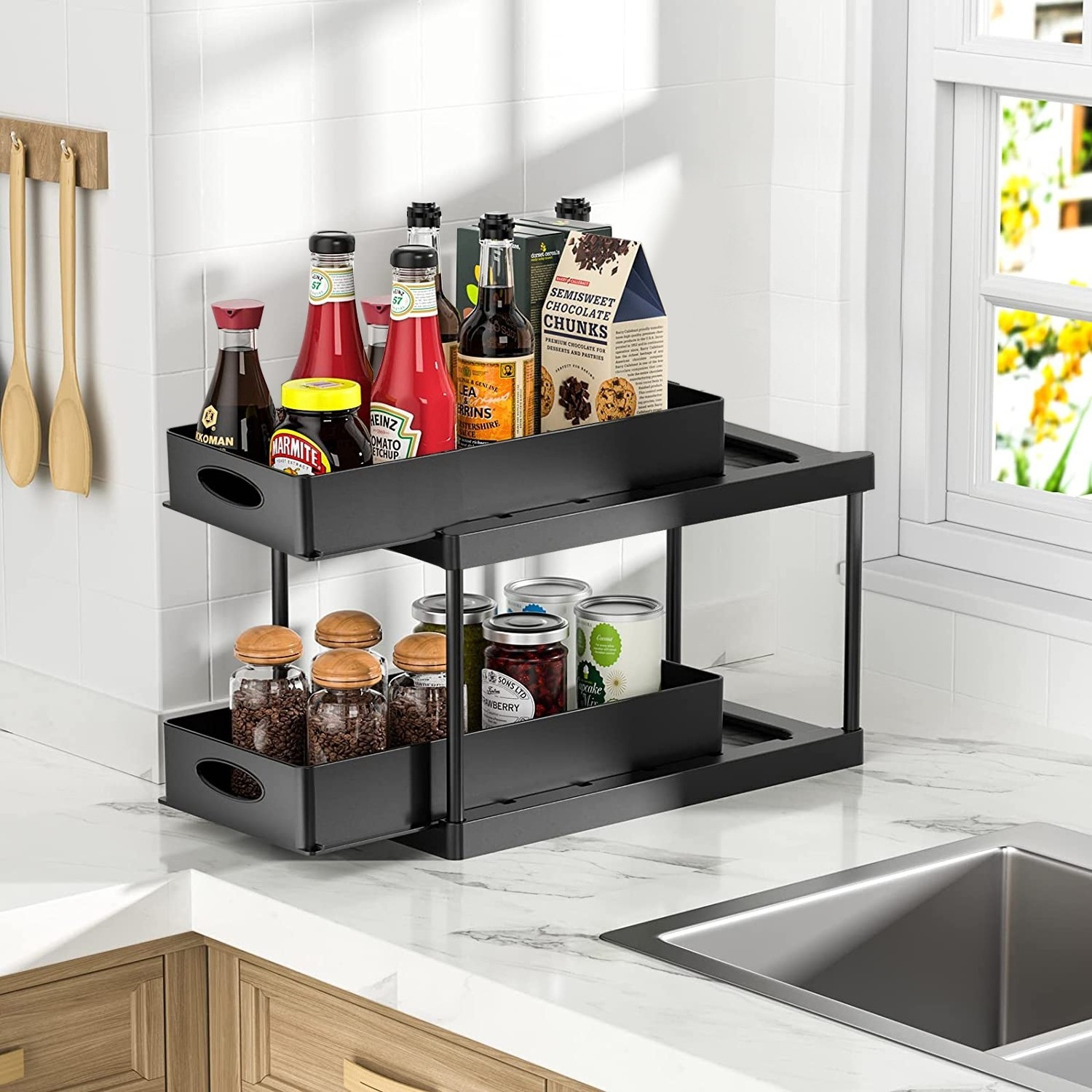 Storage Black White Under Kitchen Sink Organizers And Storage 2 Tier Under Sink Organizer