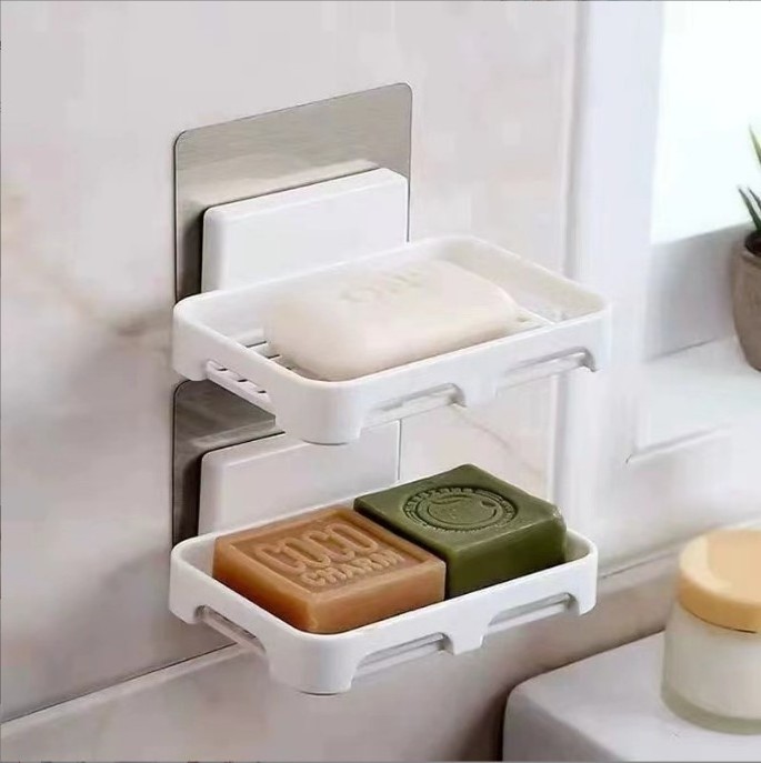 2023 Paste Drain Soap Holder Box Wall-mounted Soap Dish Plastic Home Daily Punch-free Bathroom Shelf Box