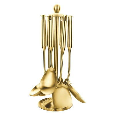 Custom Non stick Kitchen gadgets gold rose gold plating cooking tools stainless steel utensil set with stand