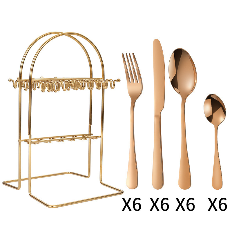 Stainless Steel Knife Fork Spoon set 24pcs Gold Rose Gold Flatware Silverware Cutlery Set With Stand