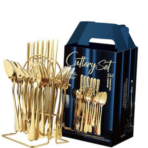 Stainless Steel Knife Fork Spoon set 24pcs Gold Rose Gold Flatware Silverware Cutlery Set With Stand