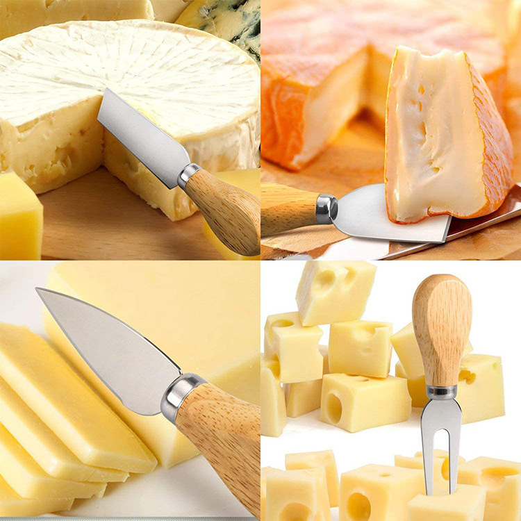 Wooden Bamboo Handle 4 Pcs Cheese Pizza Knives set Stainless Steel Cheese Cutter for Parties Wedding Christmas Birthday