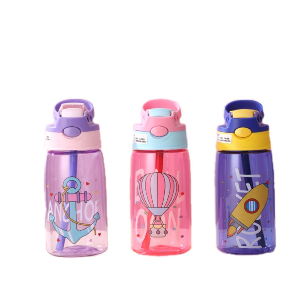 Popular Cartoon Children's Plastic Motivational Sports Drinking Water Bottle Duck Mouth Cup with Straw for Kids