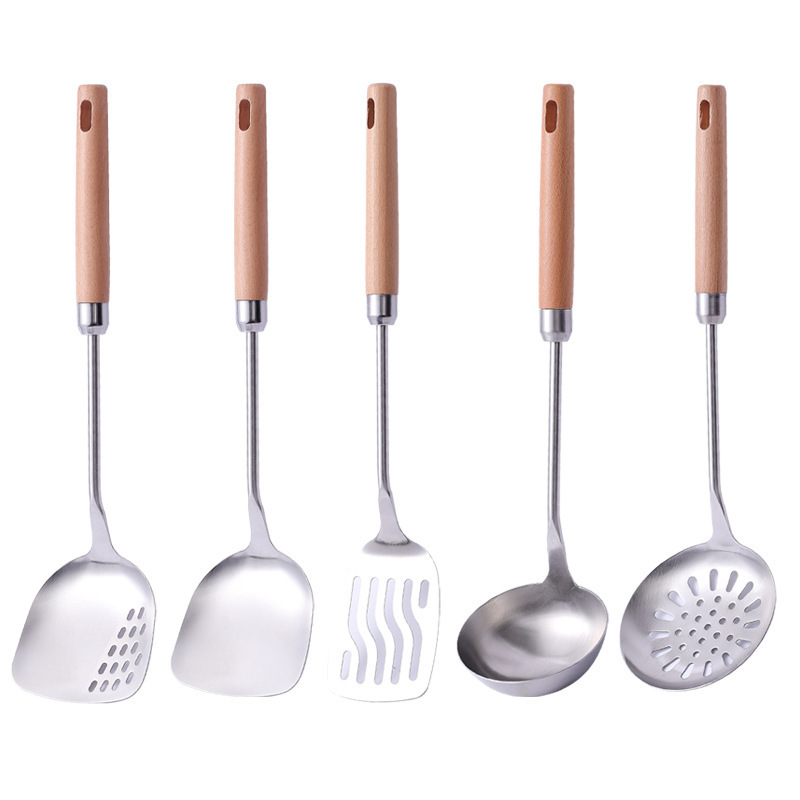 New Design Wooden Handle Kitchen Utensils Cooking Utensil Wood Stainless Steel Wholesale Price Kitchen Utensils Set with Holder