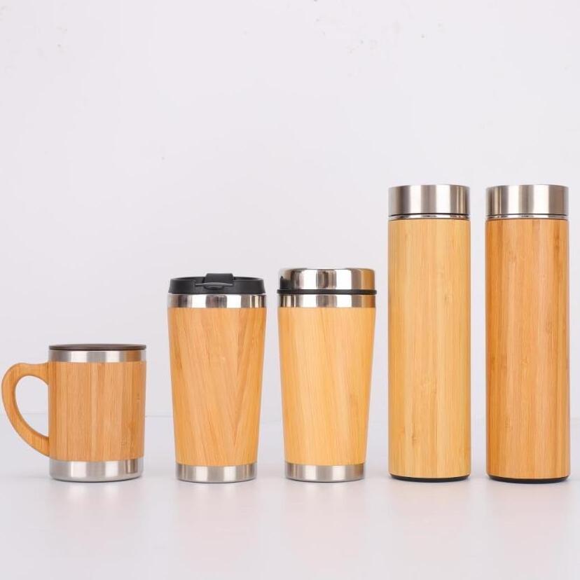 Stainless Steel Water Bottle Eco-friendly Bamboo Lid Vacuum Thermos Double Wall Smart Coffee Tea Vacuum Flask with Handle