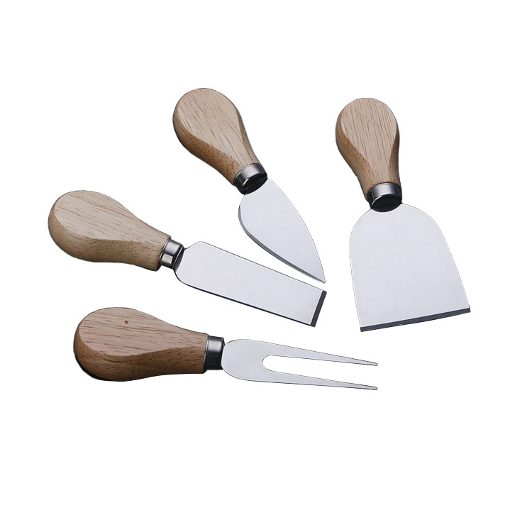 Wooden Bamboo Handle 4 Pcs Cheese Pizza Knives set Stainless Steel Cheese Cutter for Parties Wedding Christmas Birthday