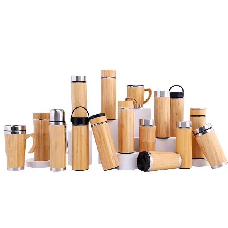 Stainless Steel Water Bottle Eco-friendly Bamboo Lid Vacuum Thermos Double Wall Smart Coffee Tea Vacuum Flask with Handle